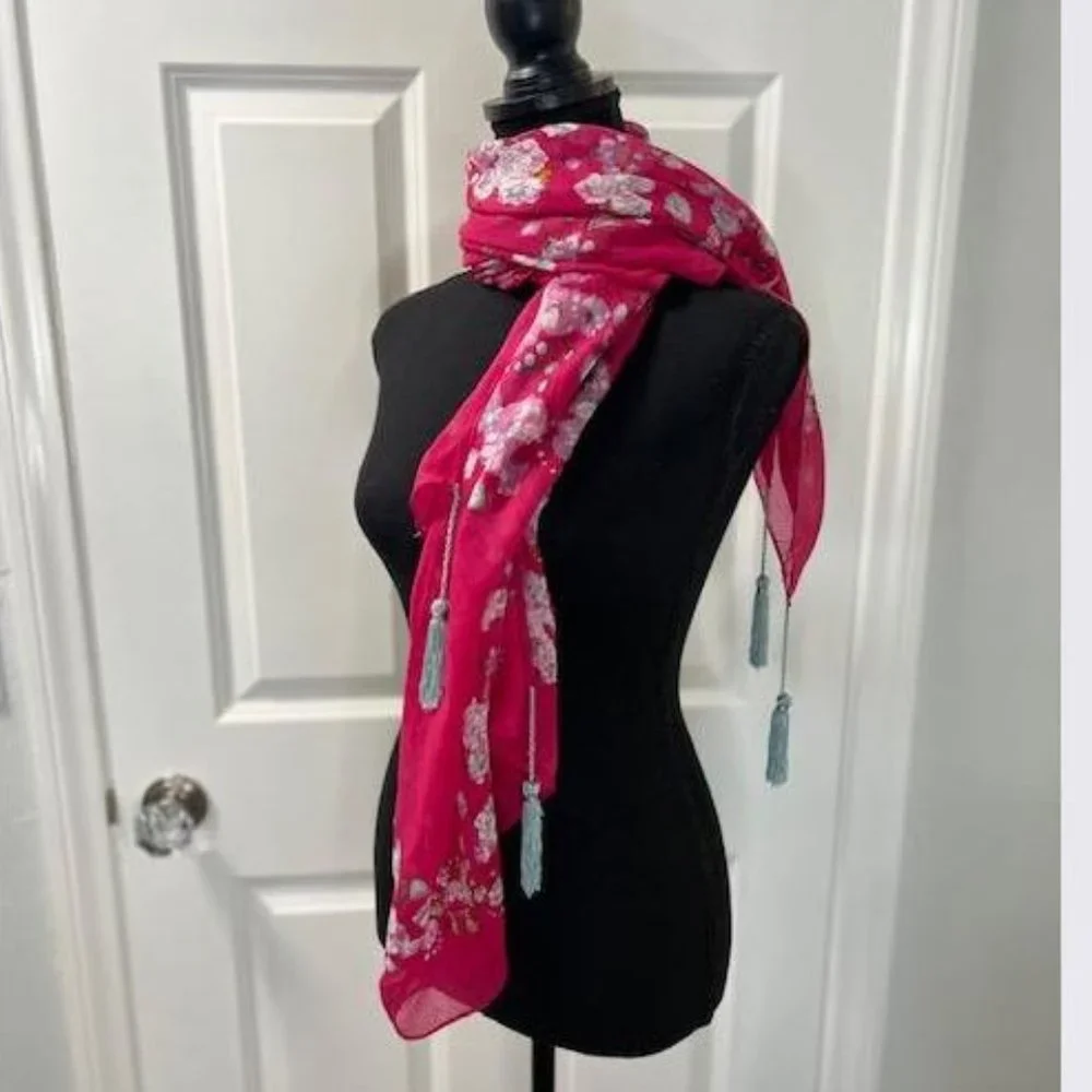 Anthropologie Everly Floral Scarf in Pink Motif with tassel ends - NWOT